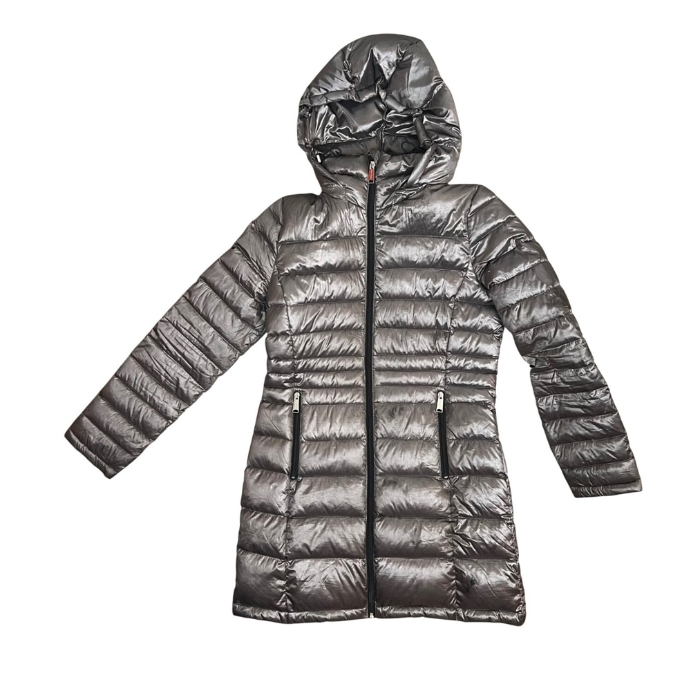 Andrew Marc Packable Lightweight Premium Down Puffer Coat Hooded Silver Small